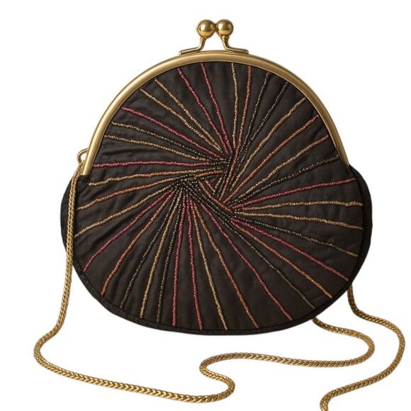 VINTAGE Beaded Black Satin Clamshell Crossbody Purse Clutch Bag Chain Strap Kiss - Picture 7 of 7